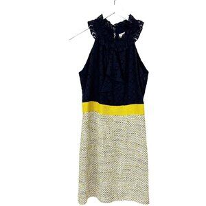 Milly Dress Womens Size 4 Multi Tweed Halter Lace High Neck Color Block Ruffle